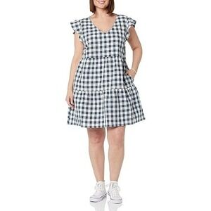 Goodthreads Gingham Tiered Dress Size L Blue White Linen Cotton Ruffled Cottage